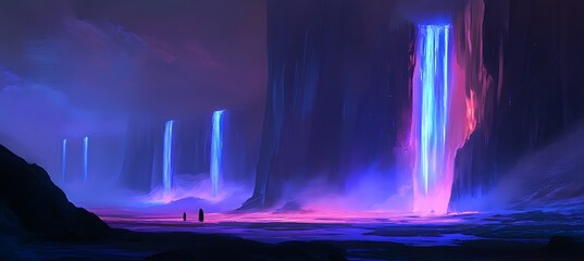 Obraz premium Glowing Blue Neon Waterfalls Flowing Over Sharp Rocks into a Shimmering River Backdrop for a Vibrant Background