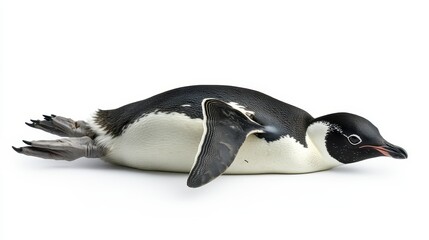 Fototapeta premium A penguin sliding on its belly across the ice, with a joyful expression, on a white isolated background