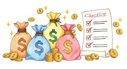 Financial Planning Checklist with Money Bags - Colorful illustration of money bags and a checklist, symbolizing financial planning and goal achievement