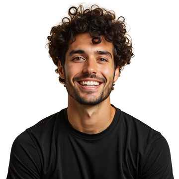  a headshot of a smiling man against a white background. He has curly brown hair and is wearing a black t-shirt.