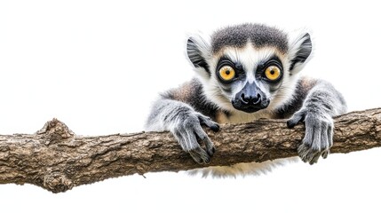 A curious lemur sitting on a branch, with its large eyes staring at the camera, on a white isolated background