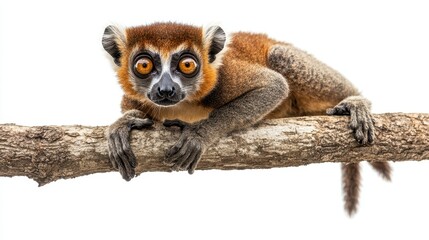 Fototapeta premium A curious lemur sitting on a branch, with its large eyes staring at the camera, on a white isolated background