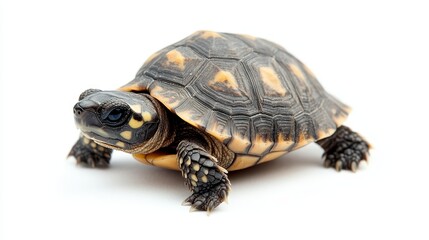 Obraz premium A baby turtle crawling across the sandy beach toward the ocean, on a white isolated background