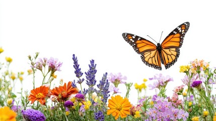 Fototapeta premium A butterfly fluttering above a colorful garden, with its delicate wings catching the light, on a white isolated background