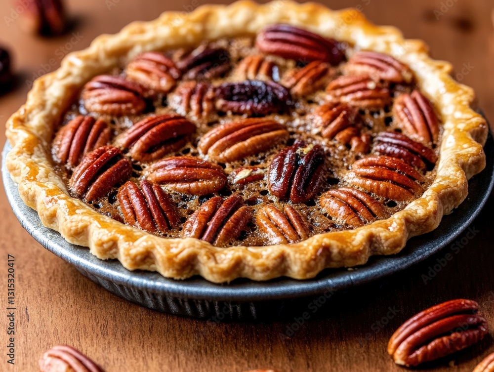 Poster warm and delicious pecan pie with a rich filling and a double layer of pecans on top for extra crunc