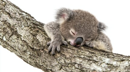 Fototapeta premium A baby koala sleeping soundly on a eucalyptus tree, on a white isolated background