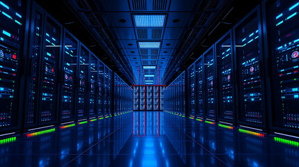 Data Center and Server Room Close View, High-Tech Infrastructure, Network Storage, Cloud Computing Environment
