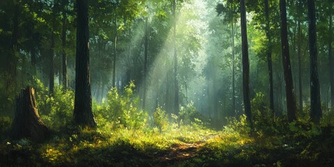 Obraz premium Sunlit Forest Path, Woodland Scenery with Mystical Light Rays