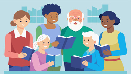 A team of volunteers visits a nearby senior living facility to assist residents with reading and writing activities fostering a sense of connection and engagement for participants.. Vector