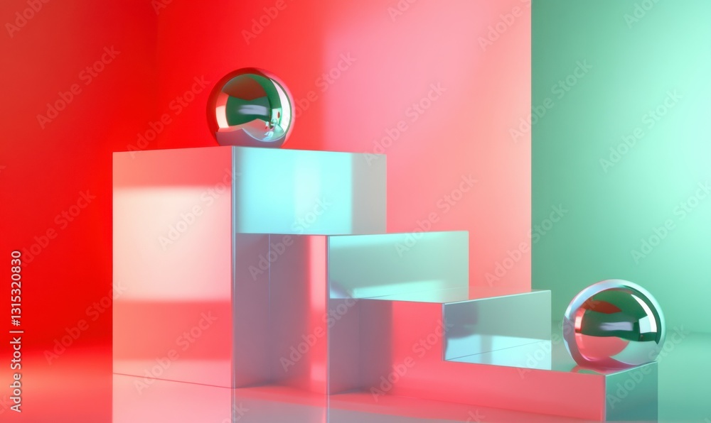 Poster colorful geometric shapes of smooth and shiny spheres on steps of square platforms against red and g