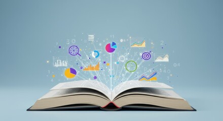 Knowledge Unleashed Data Visualization Book - Education, technology, innovation, learning, progress. Colorful data visualizations emerge from an open book