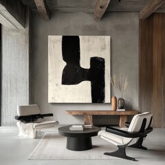 Black and white abstract artwork complements the modern interior