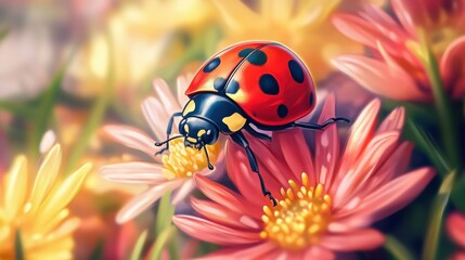 Fototapeta premium Beautiful cute ladybug with flower in Spring.
