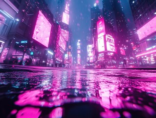 Obraz premium Neon Dreams: Pink Rain in City Nightscape