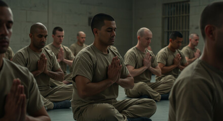 Fototapeta premium Inmates Meditating in Prison - A group of male inmates sits cross-legged, eyes closed, hands in prayer position, practicing meditation in a prison setting. Calm and contemplative atmosphere