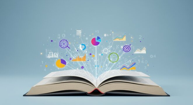 Knowledge Unleashed Data Visualization Book - Education, technology, innovation, learning, progress. Colorful data visualizations emerge from an open book