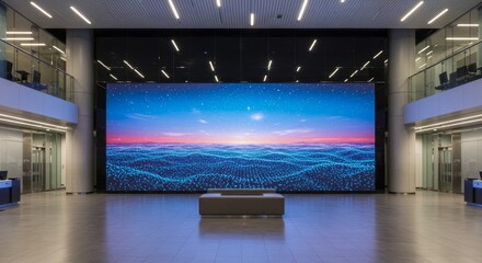 LED Video Wall in Modern Lobby - Stunning LED video wall displaying a dynamic abstract seascape in a contemporary office building lobby