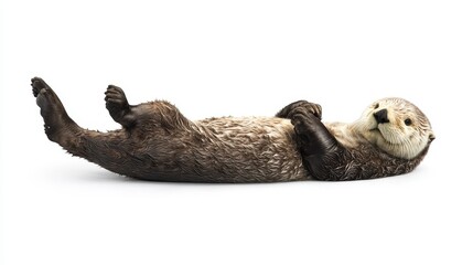 A playful sea otter floating on its back, holding hands with another otter, on a white isolated background