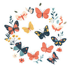 2D flat vector illustration Flock of butterflies around flowers icon isolated on a white background.

