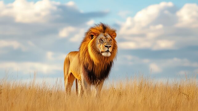 A majestic lion standing tall in the savannah, its golden mane flowing in the wind, on a white isolated background