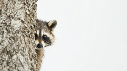Obraz premium A curious raccoon peeking out from behind a tree, with its dark eyes and fluffy tail, on a white isolated background