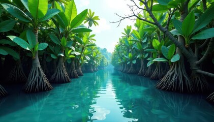 Coastal wetland with graduated blue tones, mangrove roots, photography, sustainability, texture