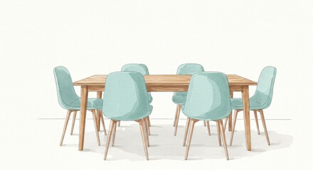 Modern Dining Set Illustration - A stylish illustration of a modern dining table and six light teal chairs against a white background