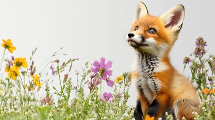 Obraz premium A baby fox sitting in a patch of wildflowers, looking up with wide eyes, on a white isolated background