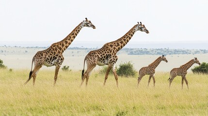 Obraz premium A giraffe family walking across the plains, with the tallest member leading the way, on a white isolated background