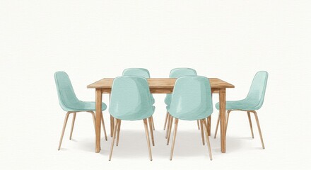 Modern Dining Set Illustration - A watercolor illustration of a light wood dining table with six pastel teal chairs. Perfect for home decor, interior design, and lifestyle blogs