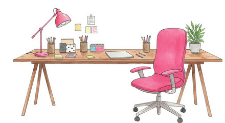 Modern Home Office Workspace - Stylish and organized home office setup with pink chair, desk, and accessories. Ideal for productivity and creativity