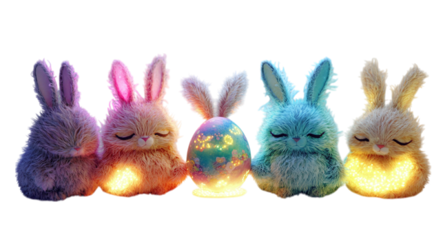 Round, squishy creatures with bunny ears and soft, velvety fur, each one snuggling a glowing, decorated Easter egg like a beloved treasure on a white background --ar 16:9