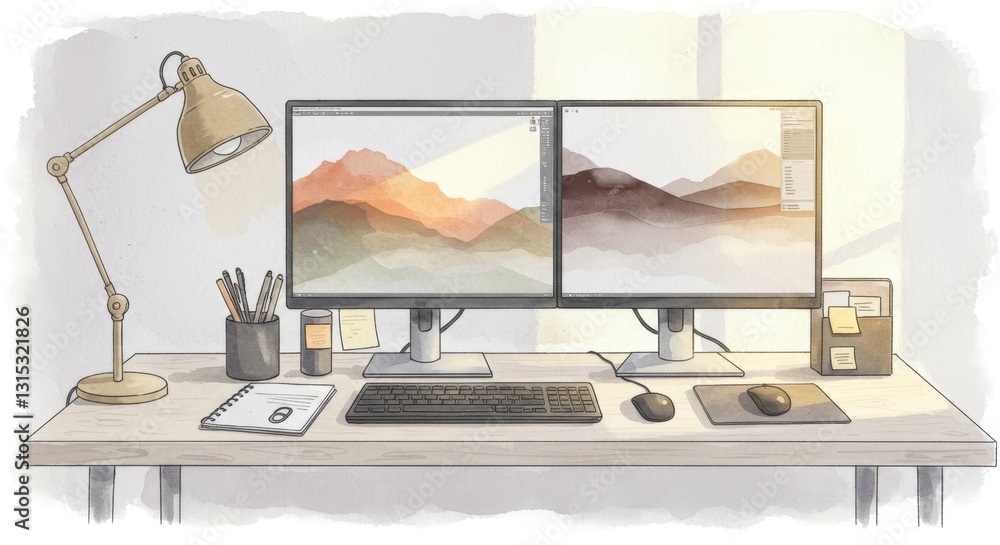 Poster modern workspace setup with dual monitors - clean and organized workspace featuring dual monitors, k