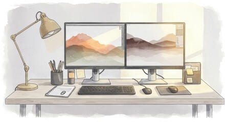Modern Workspace Setup with Dual Monitors - Clean and organized workspace featuring dual monitors, keyboard, mouse, and desk lamp. Ideal for productivity and creative work