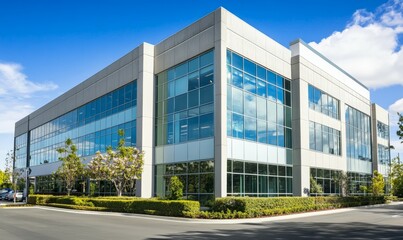 Multiple windows on side of modern concrete building, indicating an urban business district or commercial real estate.