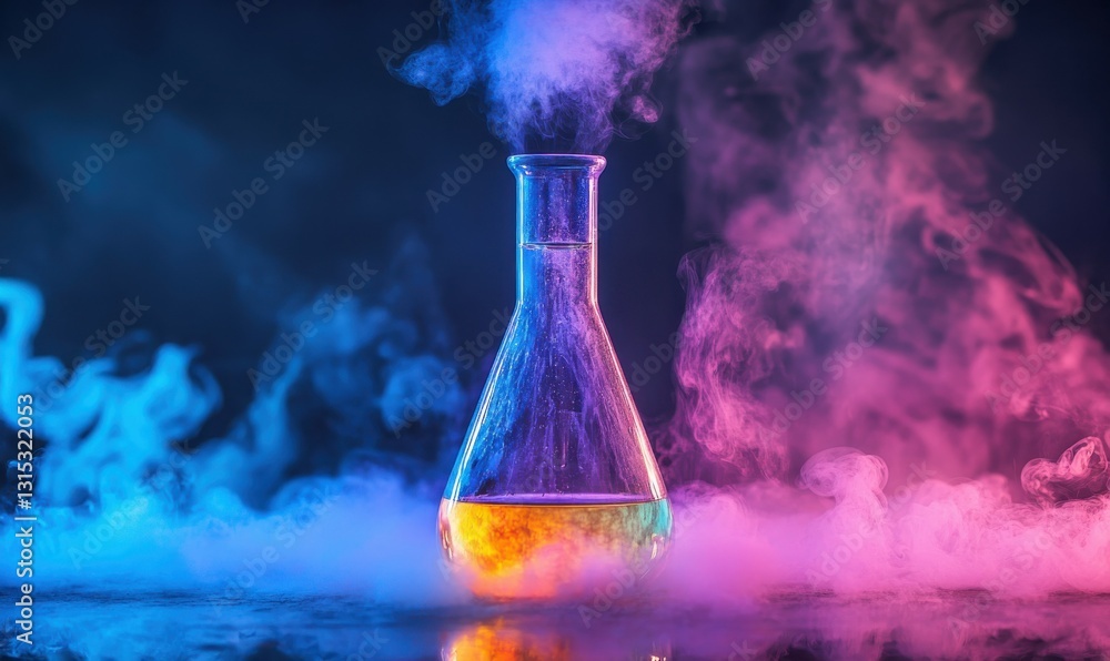 Poster colorful liquid in a flask surrounded by vapor in a laboratory setting