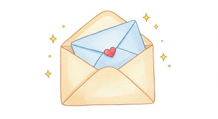 Open Envelope with Letter and Heart - A charming illustration of an open envelope revealing a letter with a small heart, adorned with sparkling stars. Perfect for expressing love, affection