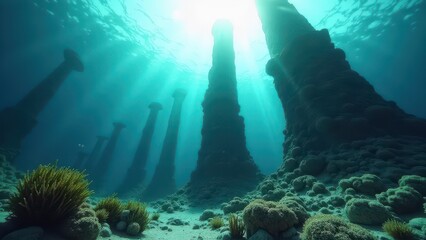 Underwater coral reef landscape with tall pillar-like formations and sunlight rays	