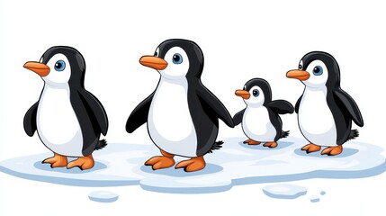 Obraz premium A family of penguins waddling across the ice, with the parents leading the way, on a white isolated background