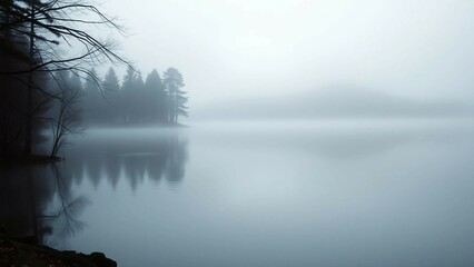 Fototapeta premium Realistics misty lakeside scene exhibits a serene atmosphere with calm waters a misty ambiance and a