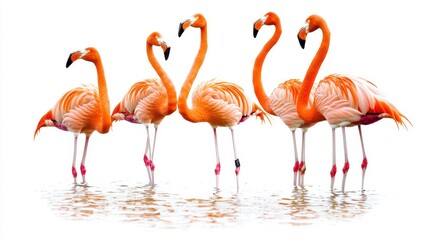 Obraz premium A group of flamingos standing in the shallow water, their long necks bent gracefully, on a white isolated background