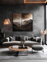 A modern living room featuring furniture and scenic mountain art