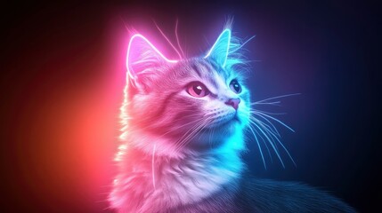 Neon glowing cat portrait, vibrant colors, dark background.