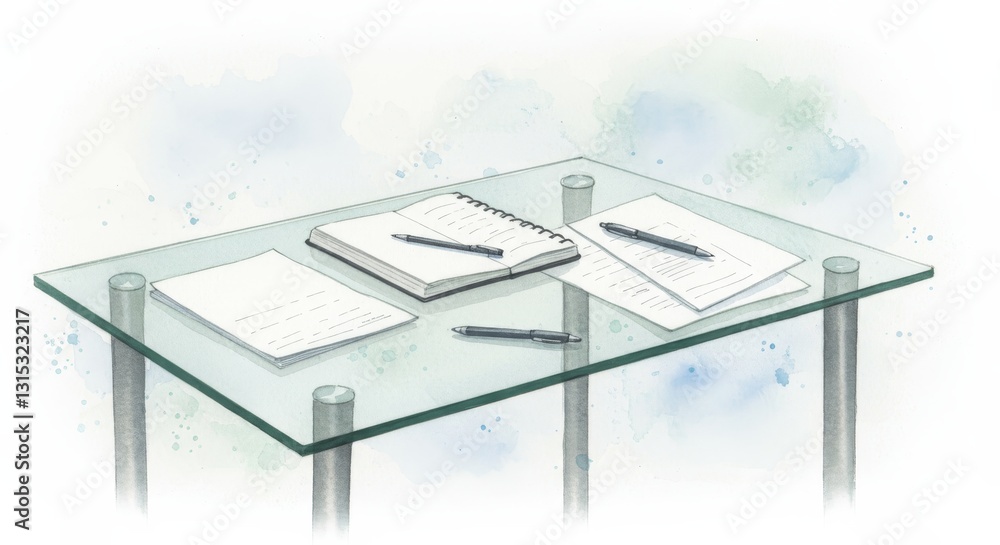 Poster serene workspace: glass table and notebook - a minimalist workspace symbolizes productivity, creativ