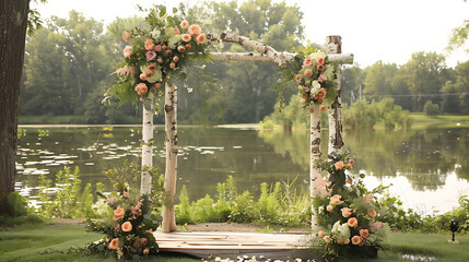 A stunning outdoor wedding arch made of natural wood and fresh flowers