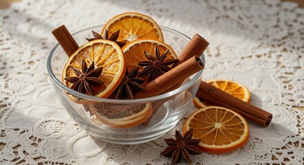 Fototapeta premium Festive Bowl with Dried Orange Slices, Cinnamon Sticks, and Star Anise
