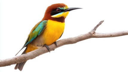 Obraz premium A small bird perched on a branch, with its wings slightly spread, on a white isolated background