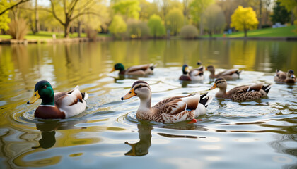 Ducks swimming peacefully in a springtime pond, nature's harmony