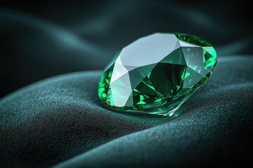 A vibrant green emerald gemstone, brilliantly cut, rests on a luxurious dark green velvet surface.