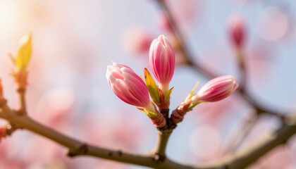 Fototapeta premium Cherry blossom buds opening in morning light, nature's beauty